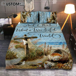 Wooden Cross And I Think To Myself What A Wonderful World Quilt Bedding Set Art – Christian Art – Bible Verse Bedroom – Religious Home Decor