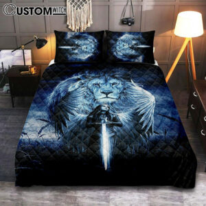 Woman Warrior Lion Of Judah Blue Night Quilt Bedding Set Print – Inspirational Quilt Bedding Set Art – Christian Bedroom Home Decor
