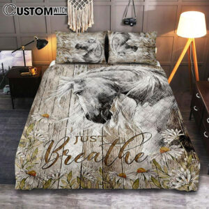 White Horse Daisy Flower Just Breathe Quilt Bedding Set Art – Christian Art – Bible Verse Bedroom – Religious Home Decor