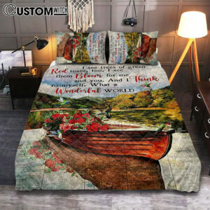 What A Wonderful World Boat Red Rose Lake Quilt Bedding Set Bedroom – Christian Quilt Bedding Set Prints – Bible Verse Quilt Bedding Set Art