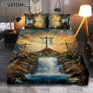 Waterfall Painting Light From Heaven The Three Crosses Quilt Bedding Set Art – Christian Art – Bible Verse Bedroom – Religious Home Decor