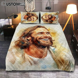 Watercolor Jesus Laughing Quilt Bedding Set Prints – Jesus Quilt Bedding Set Art – Christian Bedroom Decor
