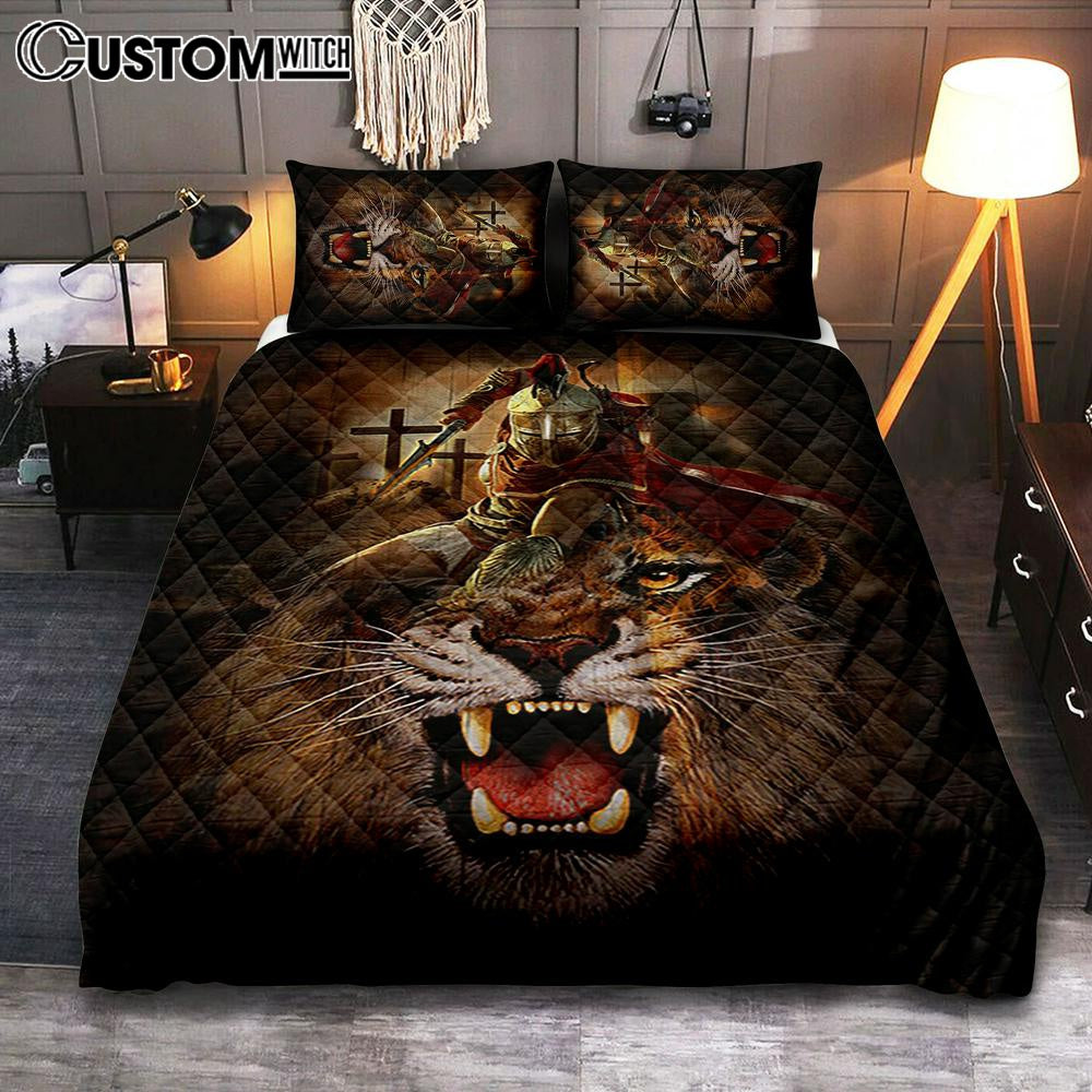 Warrior Of God Three Wooden Crosses Great Lion Of Judah Quilt Bedding Set Print – Inspirational Quilt Bedding Set Art – Christian Bedroom Home Decor