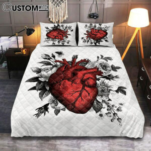 Vintage Floral Heart Quilt Bedding Set Bedroom – Gift For Steampunk Or Goth Fans