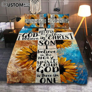 Unique Sunflower White Cross Our God Is Three In One Quilt Bedding Set Art – Christian Art – Bible Verse Bedroom – Religious Home Decor
