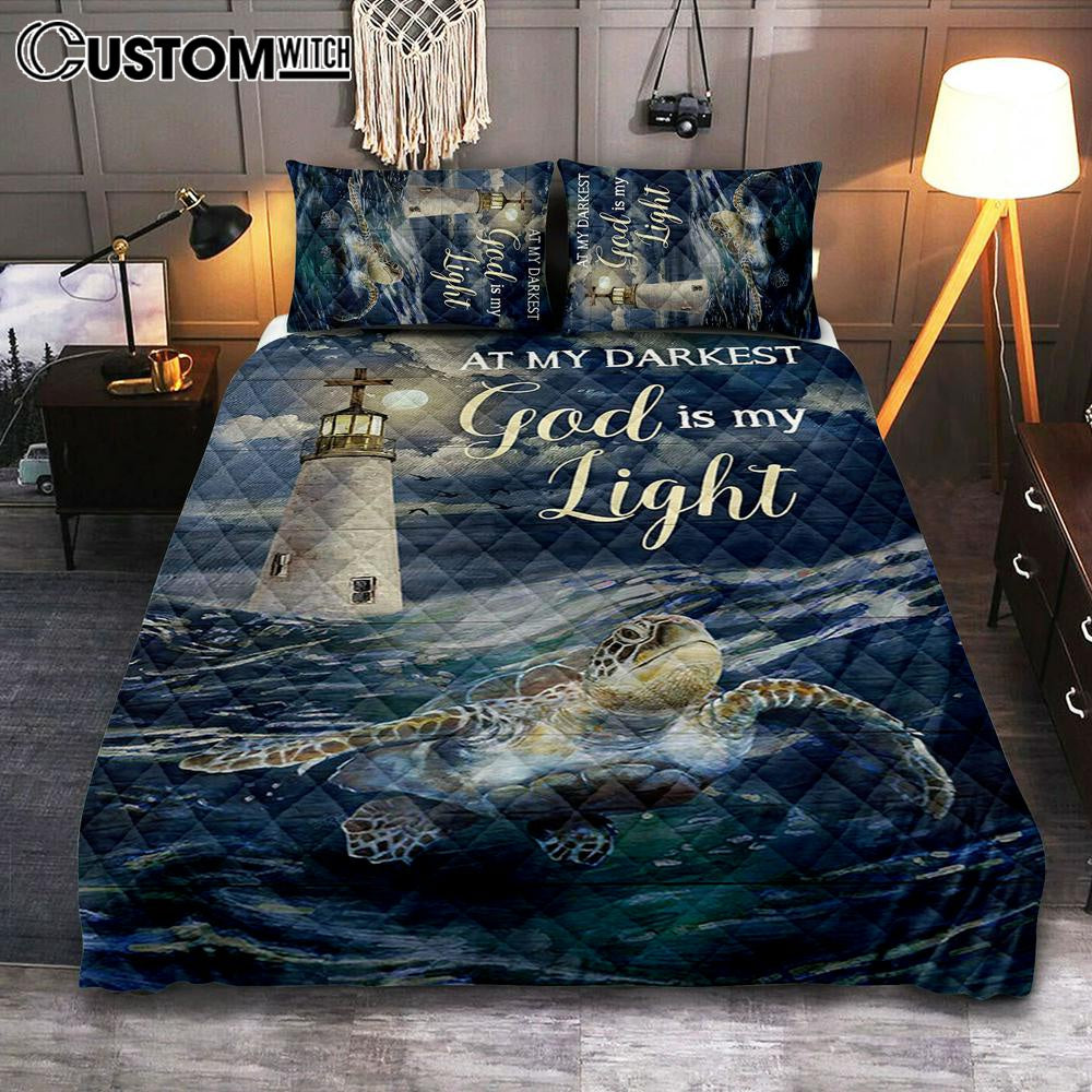 Turtle Blue Ocean Lighthouse God Is My Light Quilt Bedding Set Art – Christian Art – Bible Verse Bedroom – Religious Home Decor