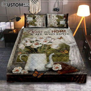 Tulip Butterfly Bless This Home Quilt Bedding Set Art – Christian Art – Bible Verse Bedroom – Religious Home Decor
