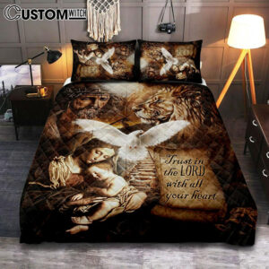 Trust In The Lord Quilt Bedding Set – The Life Of Jesus Lion Dove Quilt Bedding Set Bedroom – Bible Verse Quilt Bedding Set Art – Christian Home Decor