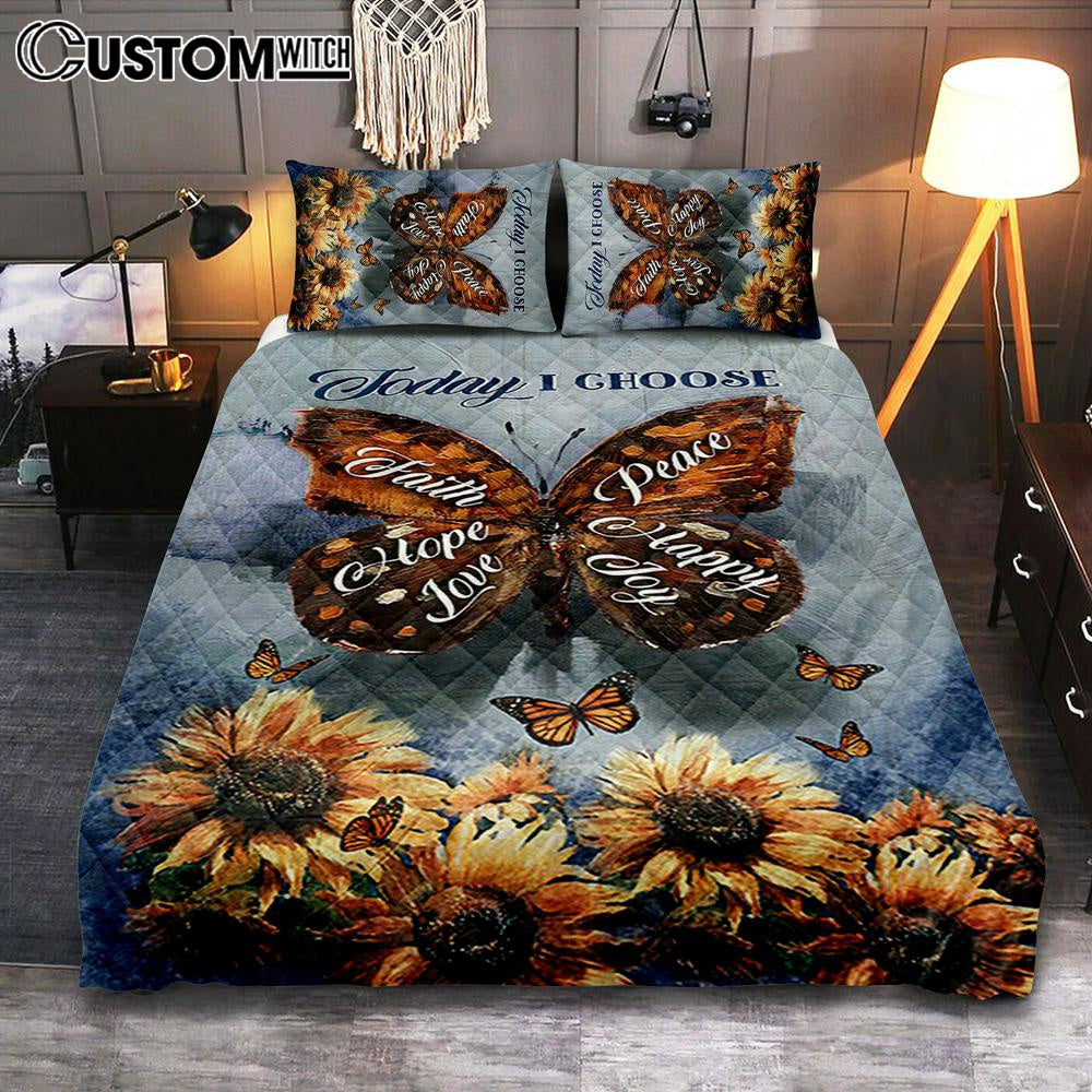 Today I Choose Peace Brown Butterfly Sunflower Quilt Bedding Set Print – Inspirational Quilt Bedding Set Art – Christian Bedroom Home Decor
