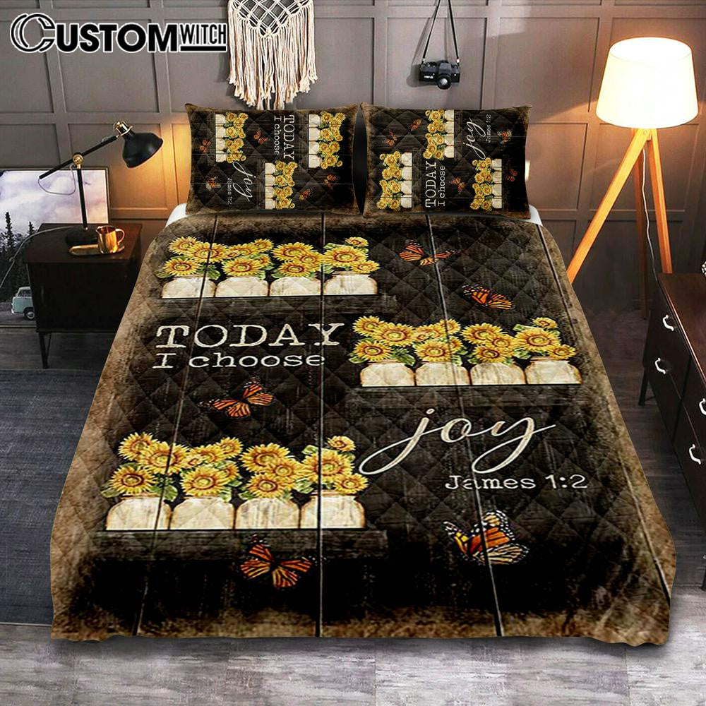 Today I Choose Joy Sunflower Orange Butterfly Quilt Bedding Set Bedroom – Bible Verse Quilt Bedding Set Art – Christian Home Decor