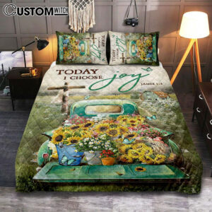 Today I Choose Joy Quilt Bedding Set – Sunflower Car Flower Field Wooden Cross Quilt Bedding Set Art – Christian Art – Bible Verse Bedroom – Religious Home Decor