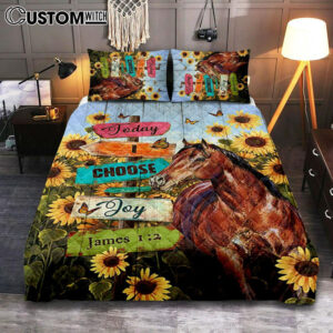 Today I Choose Joy Horse Sunflower Field Monarch Butterfly Quilt Bedding Set Bedroom – Christian Quilt Bedding Set Prints – Bible Verse Quilt Bedding Set Art