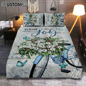 Today I Choose Joy Daisy Flower Blue Bicycle Butterfly Quilt Bedding Set Print – Inspirational Quilt Bedding Set Art – Christian Bedroom Home Decor