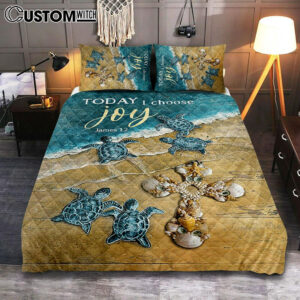 Today I Choose Joy Blue Turtle Cross Quilt Bedding Set Bedroom – Bible Verse Quilt Bedding Set Art – Christian Home Decor