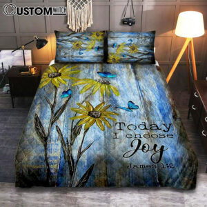 Today I Choose Joy Blue Butterfly Sunflower Quilt Bedding Set Bedroom – Bible Verse Quilt Bedding Set Art – Christian Home Decor