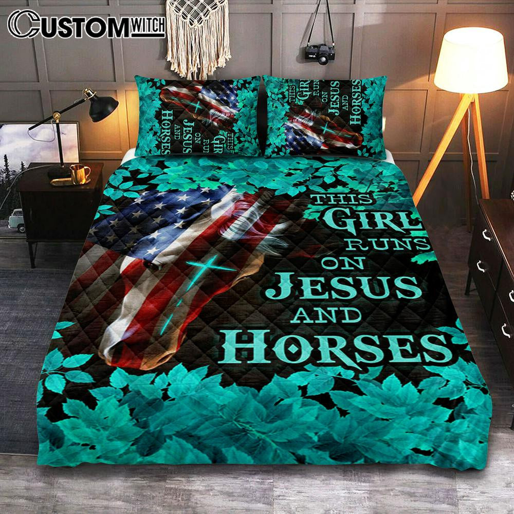 This Girl Runs On Jesus And Horses America Horse Cross Quilt Bedding Set Prints – Jesus Christ Quilt Bedding Set Art – Christian Cover Twin Bedding Decor