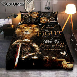 The Lord Will Fight For You Quilt Bedding Set – Lambs Lion Of Judah Knight Of God Quilt Bedding Set Print – Inspirational Quilt Bedding Set Art Home Decor