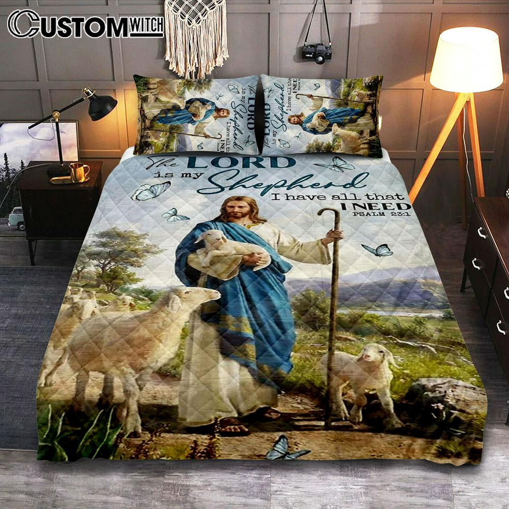 The Lord Is My Shepherd I Have All That I Need Walking With Lambs Jesus Quilt Bedding Set Prints – Jesus Christ Quilt Bedding Set Art – Christian Cover Twin Bedding Decor