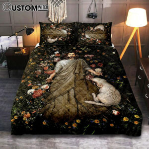 The Life Of Jesus And White Sheep Flower Garden Quilt Bedding Set Print – Inspirational Quilt Bedding Set Art – Christian Bedroom Home Decor