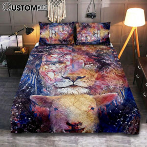 The Lamb With The Lion Quilt Bedding Set Prints – Christian Cover Twin Bedding Decor – Bible Verse Quilt Bedding Set Art