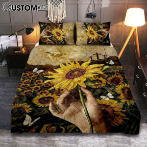 The Hand Of God Sunflower Field White Butterfly Quilt Bedding Set Art – Christian Art – Bible Verse Bedroom – Religious Home Decor