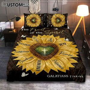 The Fruit Of The Spirit Sunflower Heart Shape Cross Quilt Bedding Set Bedroom – Bible Verse Quilt Bedding Set Art – Christian Home Decor