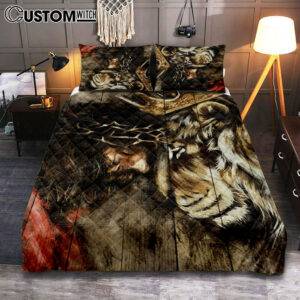 The Combination Of Jesus And Lion Quilt Bedding Set Prints – Jesus Christ Quilt Bedding Set Art – Christian Cover Twin Bedding Decor