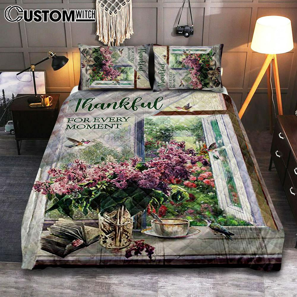 Thankful For Every Moment Lavender Peaceful Hummingbird Quilt Bedding Set Print – Inspirational Quilt Bedding Set Art – Christian Bedroom Home Decor
