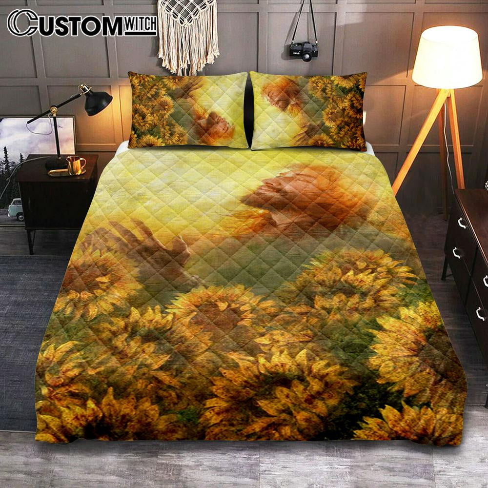 Take A Deep Breath Jesus And Beautiful Sunflower Quilt Bedding Set Prints – Jesus Christ Quilt Bedding Set Art – Christian Cover Twin Bedding Decor