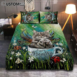 Tabby Cat Just Breathe Quilt Bedding Set Art – Christian Bedroom Decor – Gift For Cat Lover