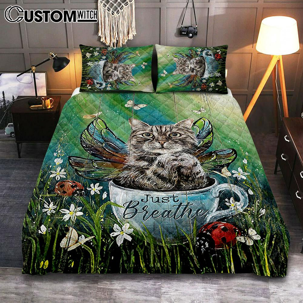 Tabby Cat Just Breathe Quilt Bedding Set Art – Christian Bedroom Decor – Gift For Cat Lover