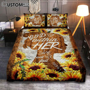 Sunflower Shadow Girl God Is Within Her She Will Not Fail Quilt Bedding Set Art – Christian Art – Bible Verse Bedroom – Religious Home Decor