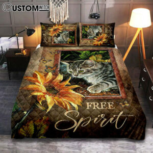 Sunflower Butterfly Cat Free Spirit Quilt Bedding Set Art – Christian Art – Bible Verse Bedroom – Religious Home Decor
