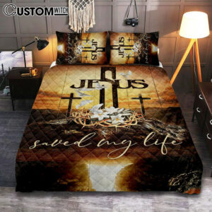 Jesus Saved My Life Quilt Bedding Set – Cross Crown Of Thorns White Lily White Dove Quilt Bedding Set Prints – Jesus Christ Quilt Bedding Set Art