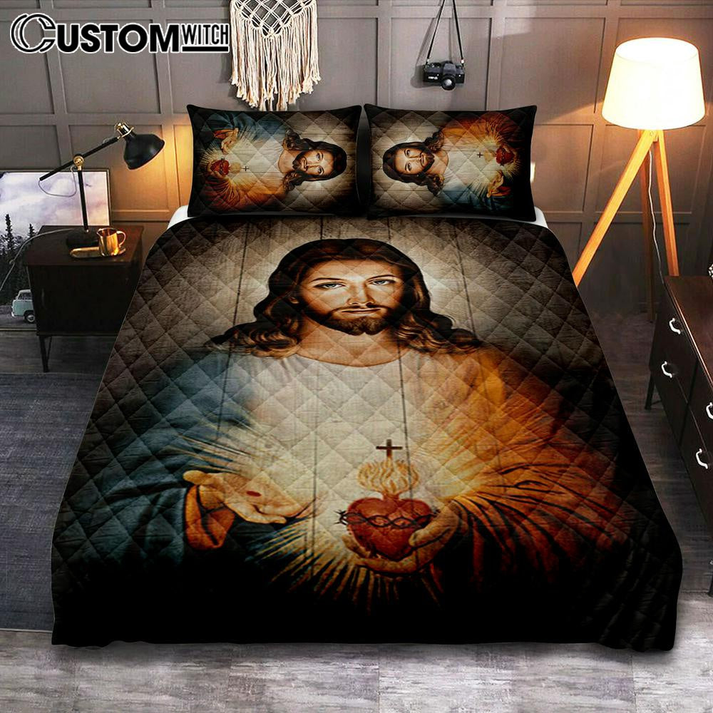 Stunning Heart Walking With Jesus Quilt Bedding Set Quilt Bedding Set Bedroom – Christian Quilt Bedding Set Prints – Bible Verse Quilt Bedding Set Art