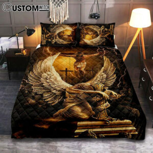 Stunning Angel Wings Jesus On The Cross Quilt Bedding Set Print – Inspirational Quilt Bedding Set Art – Christian Bedroom Home Decor
