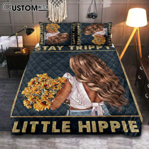 Stay Trippy Little Hippie Sunflower Quilt Bedding Set Bedroom – Decor For Women, Teen Girls Bedroom – Hippy Living Room