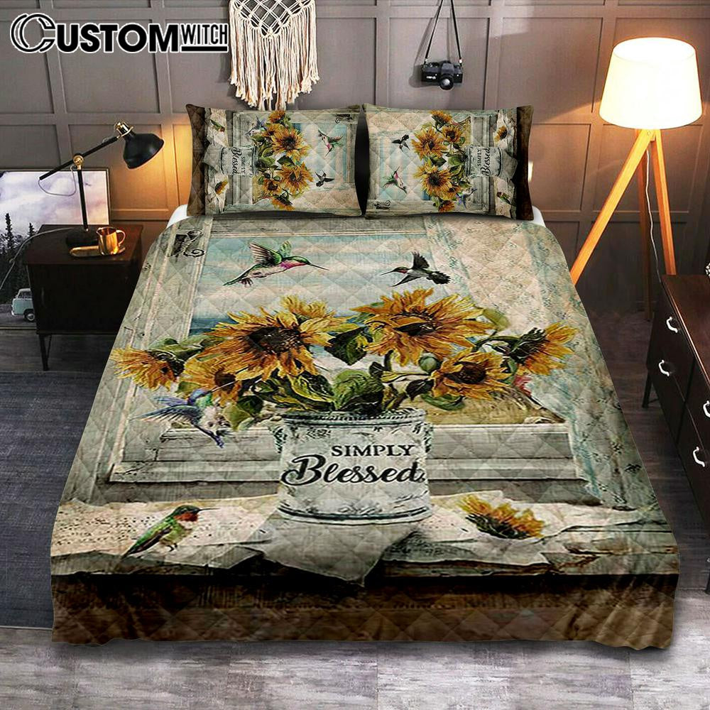 Simply Blessed Sunflower Hummingbird Quilt Bedding Set Print – Inspirational Quilt Bedding Set Art – Christian Bedroom Home Decor