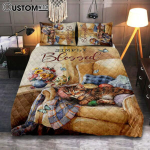 Simply Blessed Room Sleeping Cat Flower Quilt Bedding Set Print – Inspirational Quilt Bedding Set Art – Christian Bedroom Home Decor