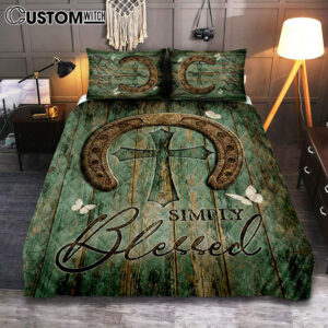 Simply Blessed Horseshoe Cross White Butterfly Quilt Bedding Set Bedroom – Christian Quilt Bedding Set Prints – Bible Verse Quilt Bedding Set Art