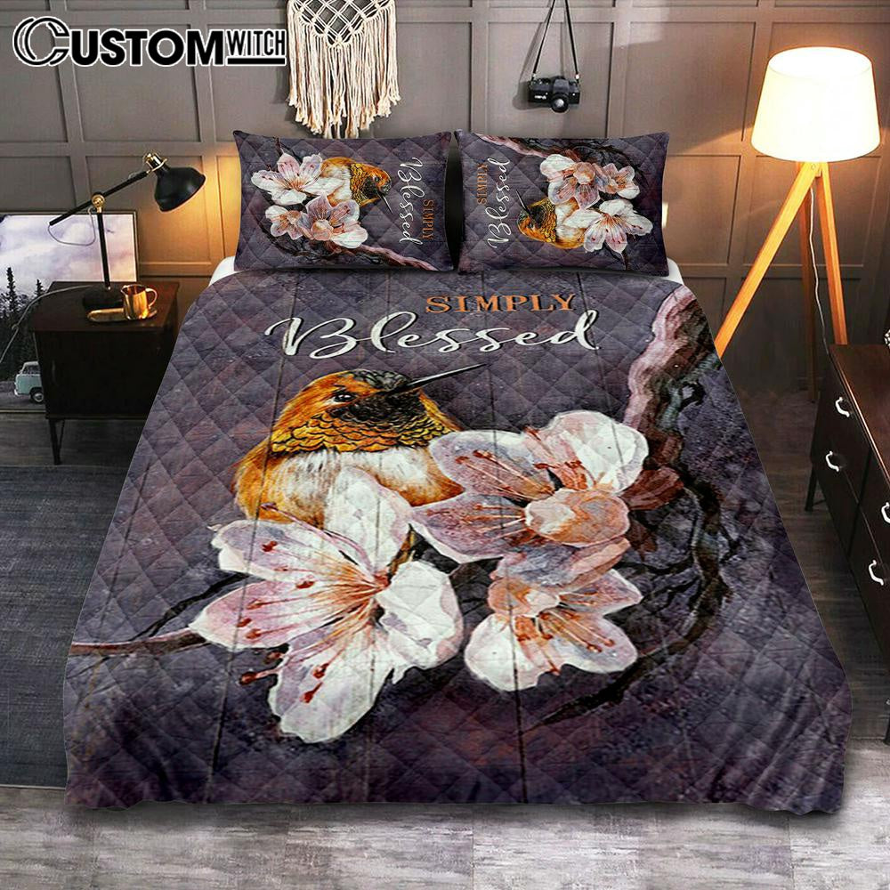 Simply Blessed Flower Yellow Hummingbird Quilt Bedding Set Bedroom – Bible Verse Quilt Bedding Set Art – Christian Home Decor