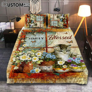Simply Blessed Cat Butterfly Quilt Bedding Set Print – Inspirational Quilt Bedding Set Art – Christian Bedroom Home Decor