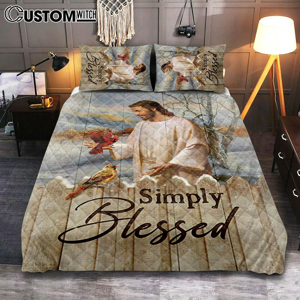 Simply Blessed Cardinal Quilt Bedding Set Print – Inspirational Quilt Bedding Set Art – Christian Bedroom Home Decor