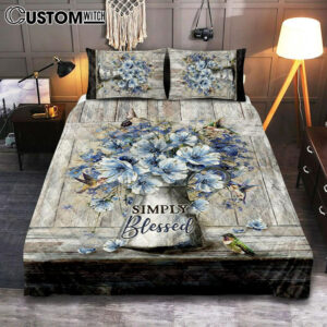 Simply Blessed Blue Daisy Flower Quilt Bedding Set Bedroom – Bible Verse Quilt Bedding Set Art – Christian Home Decor