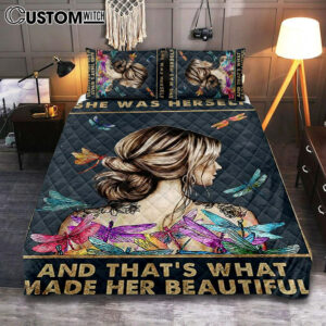 She Was Herself Quilt Bedding Set Bedroom – Gifts For Women, Teens, Girls – Dragonfly Boho Decor – Hippie Bohemian Decor