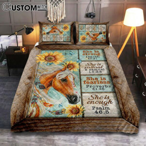She Is Strong Horse Sunflower Butterfly Quilt Bedding Set Print – Inspirational Quilt Bedding Set Art – Christian Bedroom Home Decor