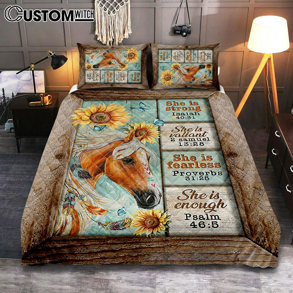 She Is Strong Horse Sunflower Butterfly Quilt Bedding Set Print – Inspirational Quilt Bedding Set Art – Christian Bedroom Home Decor