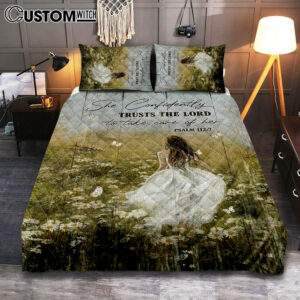 She Confidently Trusts The Lord To Take Care Of Her Green Flower Field White Butterfly Quilt Bedding Set Bedroom – Christian Quilt Bedding Set Prints