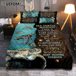 Sea Turtle Keep Moving Forward Quilt Bedding Set Print – Inspirational Quilt Bedding Set Art – Christian Bedroom Home Decor