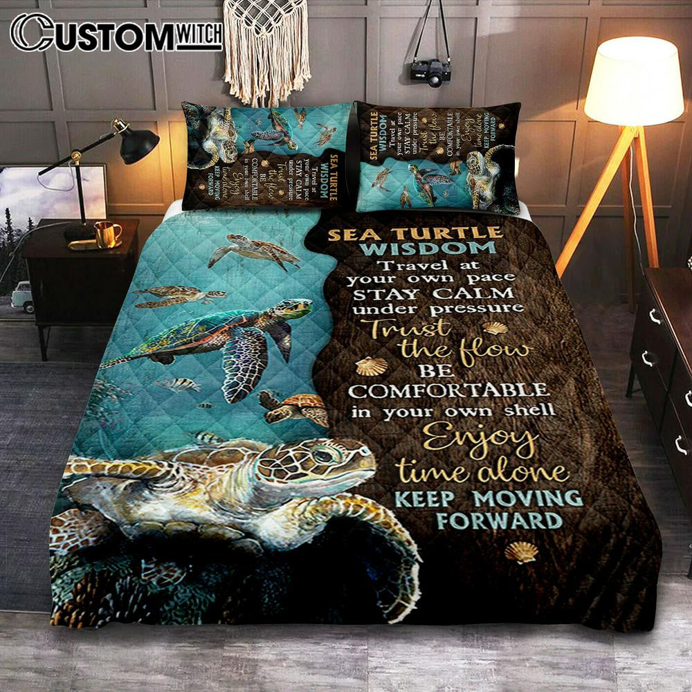 Sea Turtle Keep Moving Forward Quilt Bedding Set Print – Inspirational Quilt Bedding Set Art – Christian Bedroom Home Decor